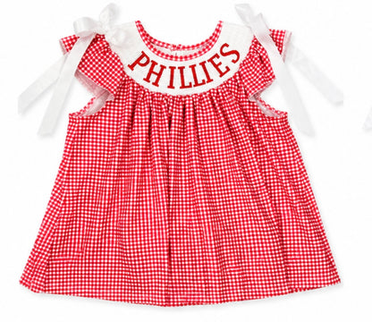 Smocked Phillies Collection – Embroidered Phillies Red Plaid Outfits