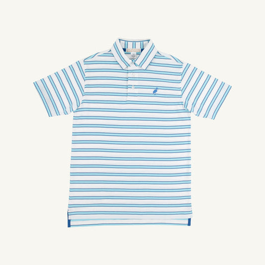 The Beaufort Bonnet Company Prim & Proper Polo & Onesie striped with Wood Boat Blue stork

