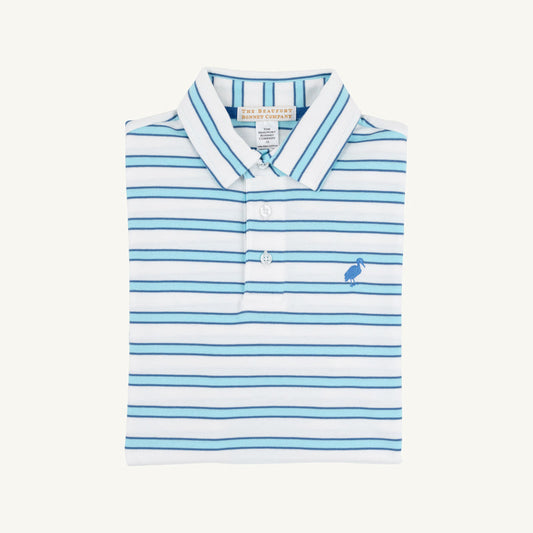 The Beaufort Bonnet Company Prim & Proper Polo & Onesie striped with Wood Boat Blue stork
